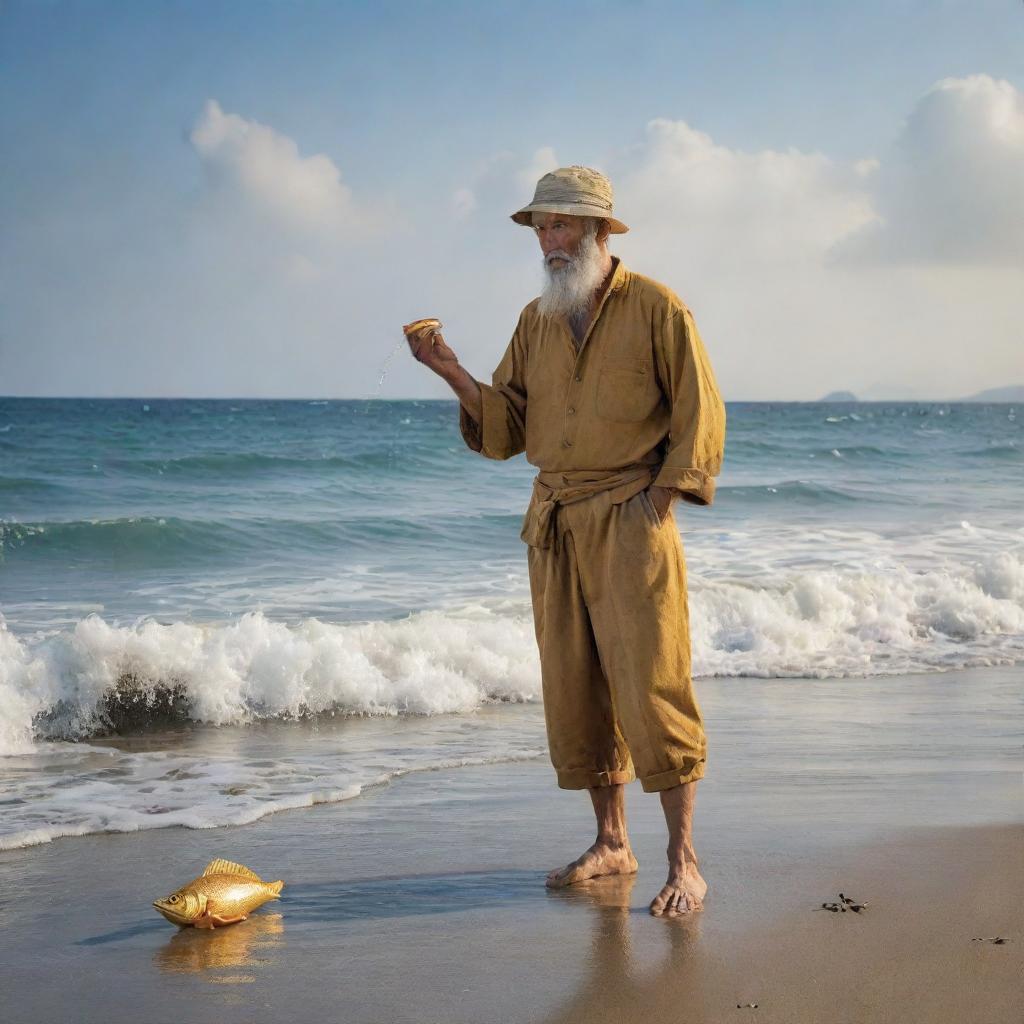 A captivating scene from the fairy tale 'The Fisherman and The Golden Fish', displaying a humble fisherman standing at sea shore holding a glittering golden fish, appearing ready to grant wishes.