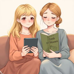 A delicate illustration featuring a nineteen-year-old blonde girl holding a Kindle and her twenty-year-old sister holding the book 'Little Women'