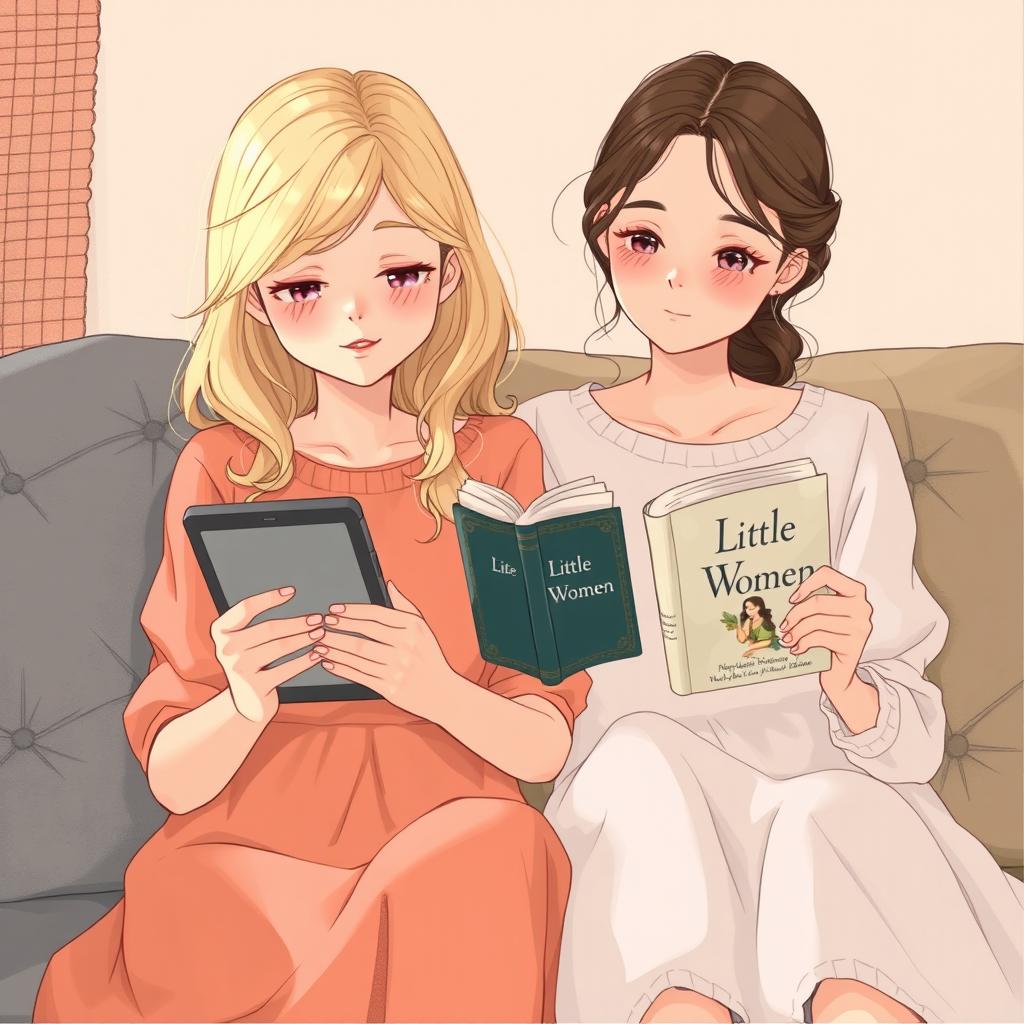 A delicate illustration featuring a nineteen-year-old blonde girl holding a Kindle and her twenty-year-old sister holding the book 'Little Women'