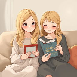 A delicate illustration featuring a nineteen-year-old blonde girl holding a Kindle and her twenty-year-old sister holding the book 'Little Women'