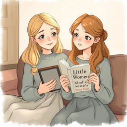 A delicate illustration featuring a nineteen-year-old blonde girl holding a Kindle and her twenty-year-old sister holding the book 'Little Women'