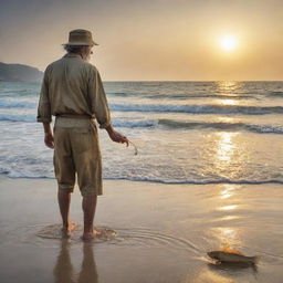 A captivating scene from the fairy tale 'The Fisherman and The Golden Fish', displaying a humble fisherman standing at sea shore holding a glittering golden fish, appearing ready to grant wishes.