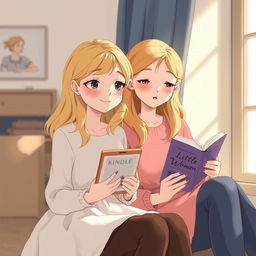 A delicate illustration featuring a nineteen-year-old blonde girl holding a Kindle and her twenty-year-old sister holding the book 'Little Women'