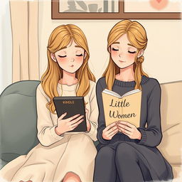 A delicate illustration featuring a nineteen-year-old blonde girl holding a Kindle and her twenty-year-old sister holding the book 'Little Women'