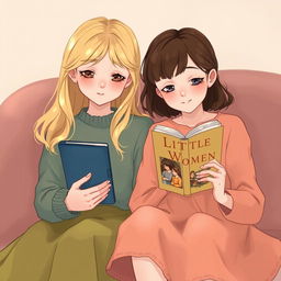 A delicate illustration featuring a nineteen-year-old blonde girl holding a Kindle and her twenty-year-old sister holding the book 'Little Women'