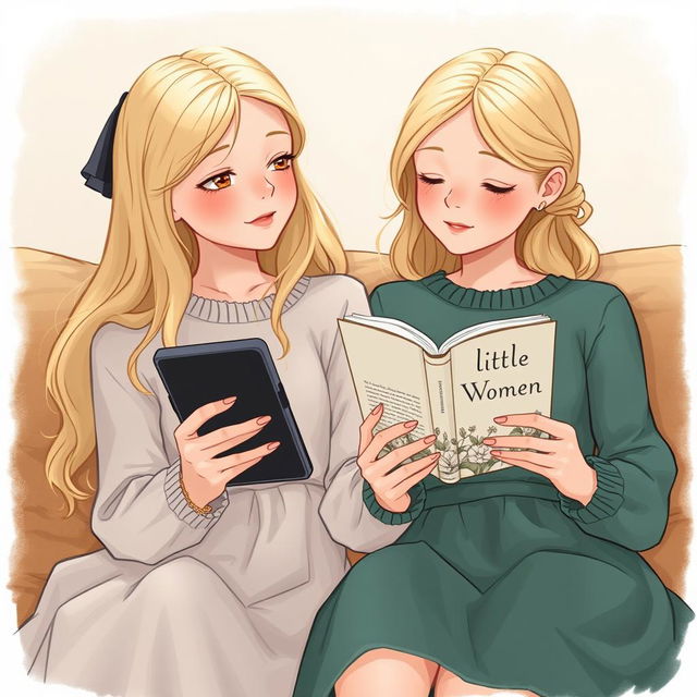 A delicate illustration featuring a nineteen-year-old blonde girl holding a Kindle and her twenty-year-old sister holding the book 'Little Women'