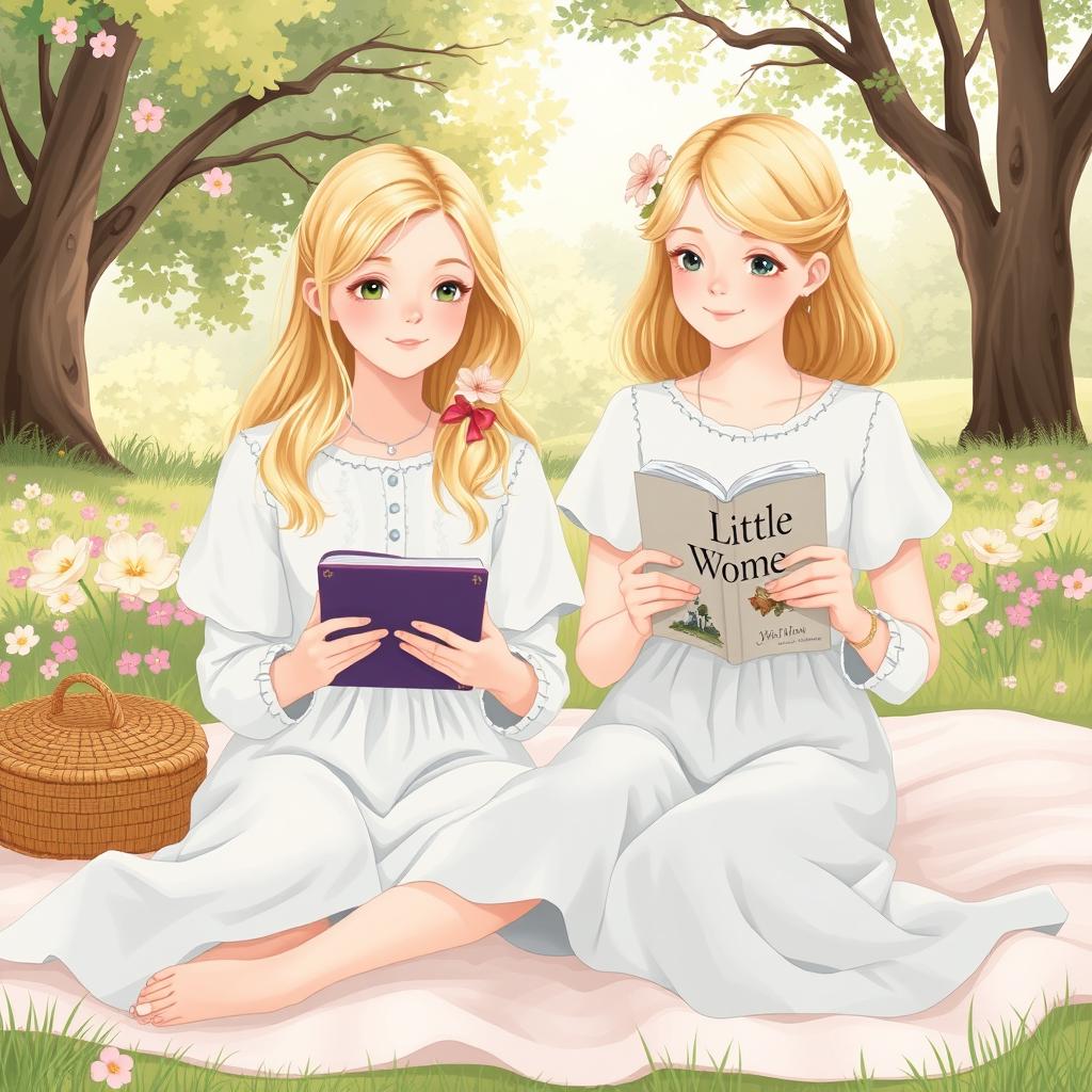 A delicate illustration of a 19-year-old blonde girl holding a Kindle and her 20-year-old blonde sister holding the book 'Little Women'