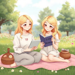 A delicate illustration of a 19-year-old blonde girl holding a Kindle and her 20-year-old blonde sister holding the book 'Little Women'