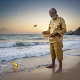 A captivating scene from the fairy tale 'The Fisherman and The Golden Fish', displaying a humble fisherman standing at sea shore holding a glittering golden fish, appearing ready to grant wishes.