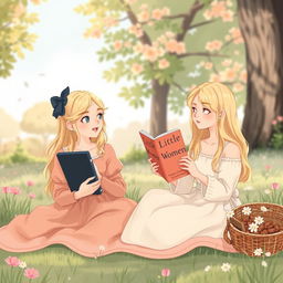 A delicate illustration of a 19-year-old blonde girl holding a Kindle and her 20-year-old blonde sister holding the book 'Little Women'