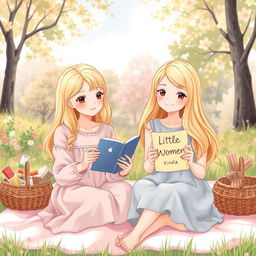 A delicate illustration of a 19-year-old blonde girl holding a Kindle and her 20-year-old blonde sister holding the book 'Little Women'