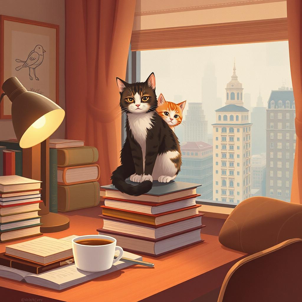 Create a chill background featuring a cat and kitten sitting on top of each other as the main characters