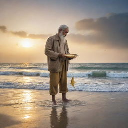 A captivating scene from the fairy tale 'The Fisherman and The Golden Fish', displaying a humble fisherman standing at sea shore holding a glittering golden fish, appearing ready to grant wishes.