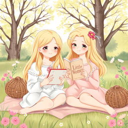 A delicate illustration of a 19-year-old blonde girl holding a Kindle and her 20-year-old blonde sister holding the book 'Little Women'