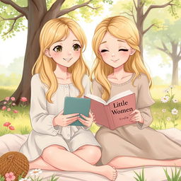 A delicate illustration of a 19-year-old blonde girl holding a Kindle and her 20-year-old blonde sister holding the book 'Little Women'