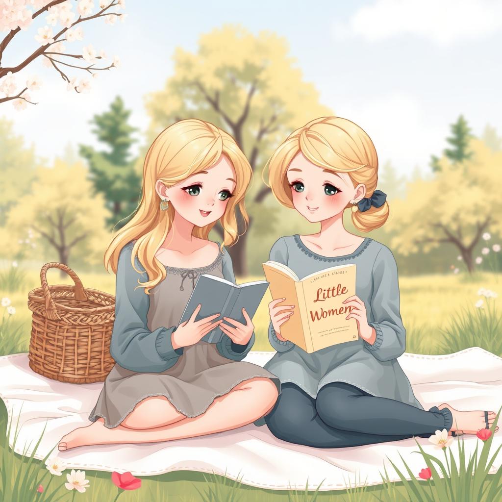 A delicate illustration of a 19-year-old blonde girl holding a Kindle and her 20-year-old blonde sister holding the book 'Little Women'