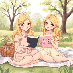 A delicate illustration of a 19-year-old blonde girl holding a Kindle and her 20-year-old blonde sister holding the book 'Little Women'
