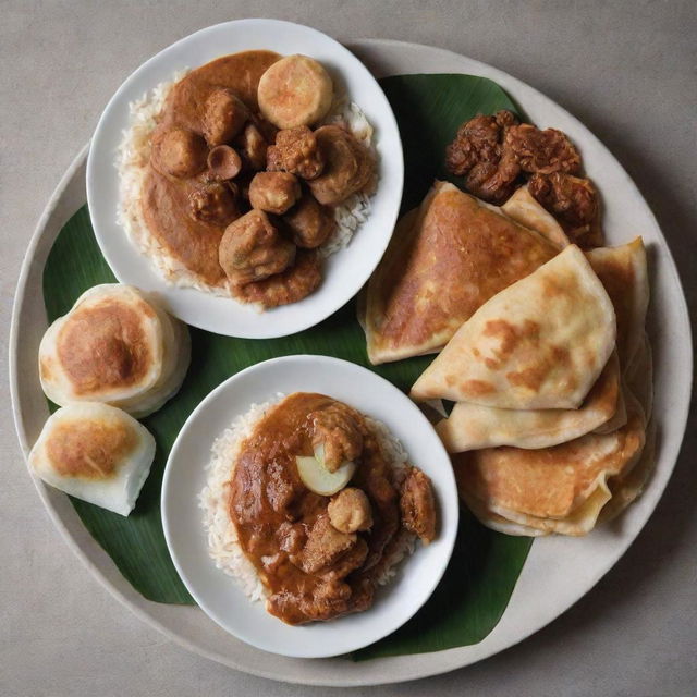 A delectable image featuring a plate of Nasi Lemak on the left and Malaysian Roti Canai on the right, showcasing the rich textures and colors of these traditional dishes.