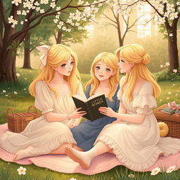 A delicate illustration featuring young blonde women at a picnic, one of them holding the book 'Little Women'