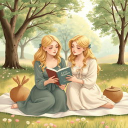 A delicate illustration featuring young blonde women at a picnic, one of them holding the book 'Little Women'