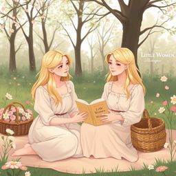 A delicate illustration featuring young blonde women at a picnic, one of them holding the book 'Little Women'