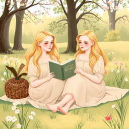 A delicate illustration featuring young blonde women at a picnic, one of them holding the book 'Little Women'