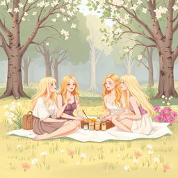 A delicate illustration featuring a group of young blonde women enjoying a picnic