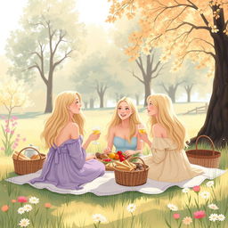 A delicate illustration featuring a group of young blonde women enjoying a picnic