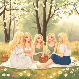 A delicate illustration featuring a group of young blonde women enjoying a picnic