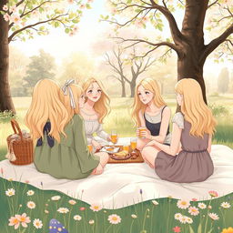 A delicate illustration featuring a group of young blonde women enjoying a picnic