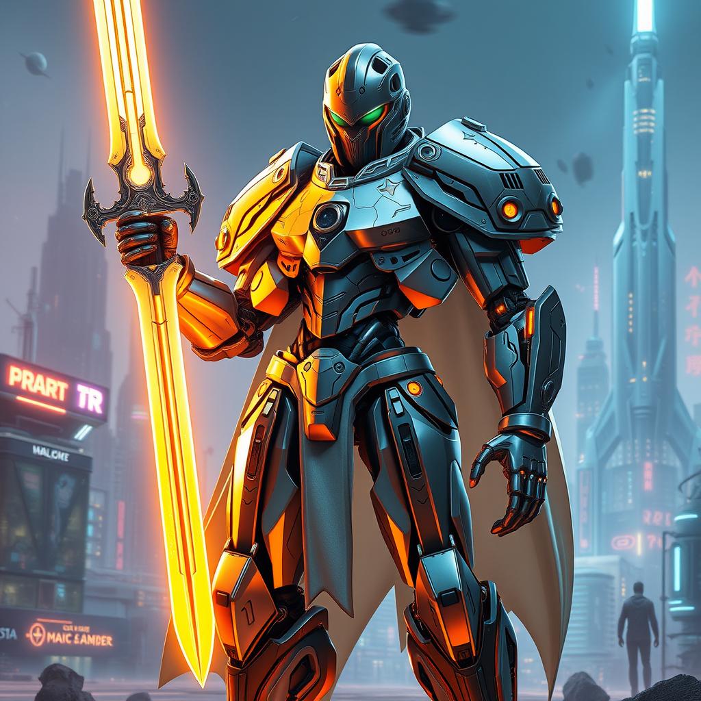 A futuristic robotic paladin, blending human and machine elements