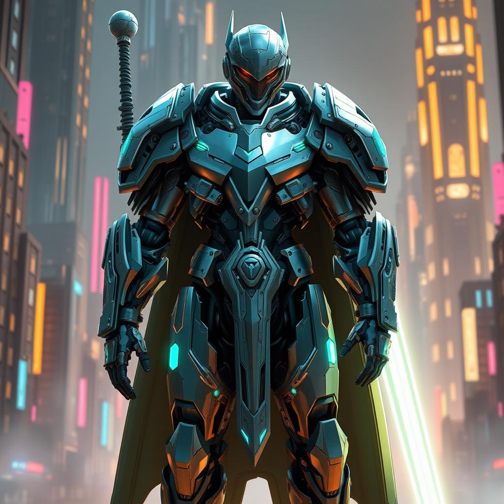 A futuristic robotic paladin, blending human and machine elements