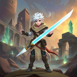 A brave Aasimar explorer with short white hair, wielding two swords