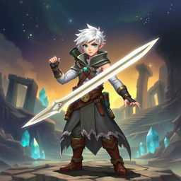 A brave Aasimar explorer with short white hair, wielding two swords