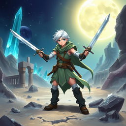 A brave Aasimar explorer with short white hair, wielding two swords