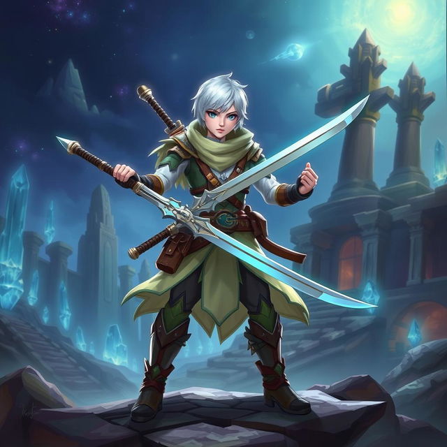 A brave Aasimar explorer with short white hair, wielding two swords