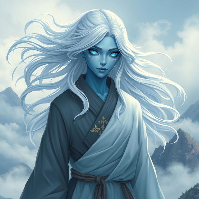 A female air genasi monk, with flowing white hair and blue-tinted skin