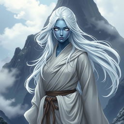 A female air genasi monk, with flowing white hair and blue-tinted skin