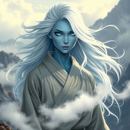 A female air genasi monk, with flowing white hair and blue-tinted skin