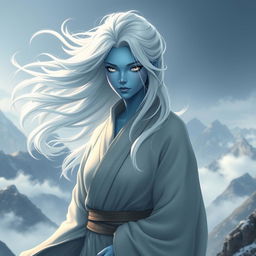 A female air genasi monk, with flowing white hair and blue-tinted skin