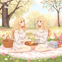 A delicate illustration of two young blonde women having a picnic