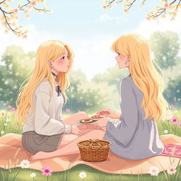 A delicate illustration of two young blonde women having a picnic