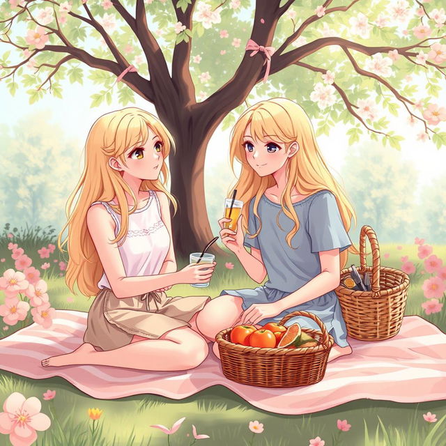 A delicate illustration of two young blonde women having a picnic