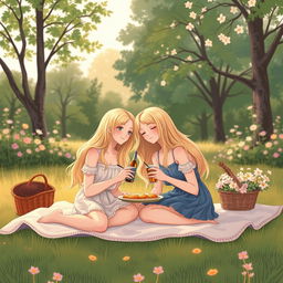 A delicate illustration of two young blonde women having a picnic