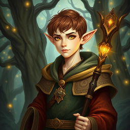 An elf mage with tanned white skin, yellow eyes, and short brown hair