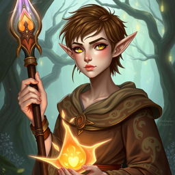 An elf mage with tanned white skin, yellow eyes, and short brown hair