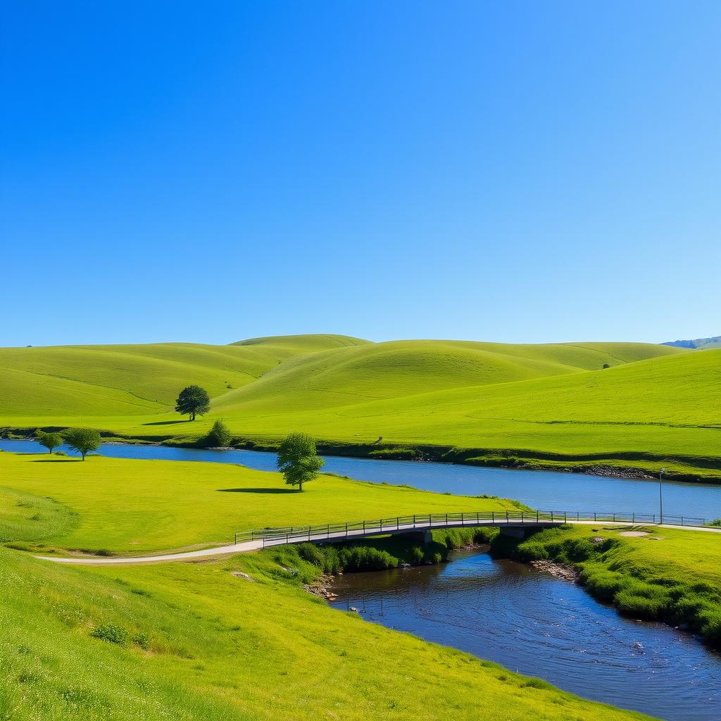 A serene landscape featuring a clear blue sky, rolling green hills, and a calm river flowing through the middle