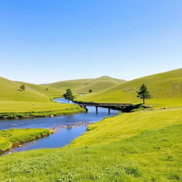 A serene landscape featuring a clear blue sky, rolling green hills, and a calm river flowing through the middle