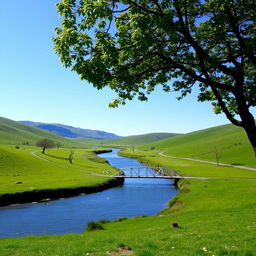 A serene landscape featuring a clear blue sky, rolling green hills, and a calm river flowing through the middle