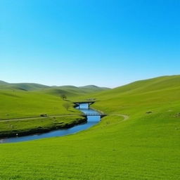 A serene landscape featuring a clear blue sky, rolling green hills, and a calm river flowing through the middle